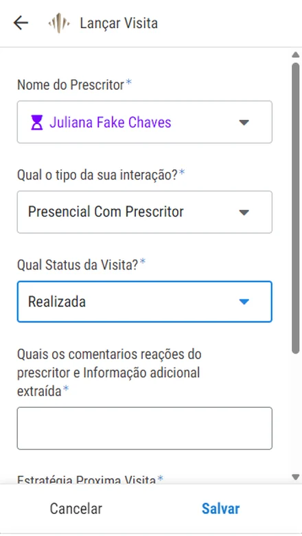 Registro de visita no celular, com tipo de interação e status