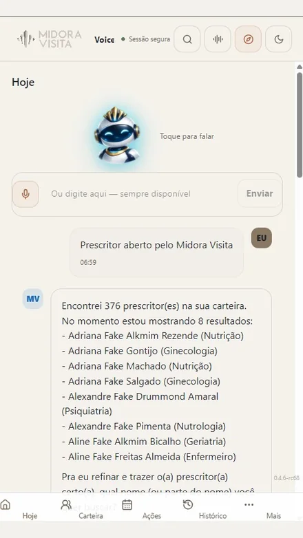 Tela Hoje do Midora Voice, com o assistente respondendo